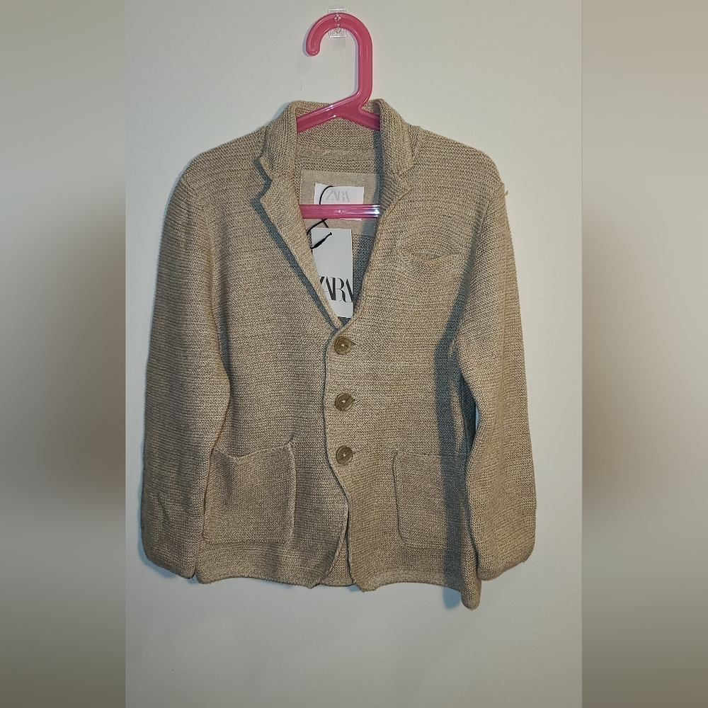 NWT Zara Kids Tan Knit Cardigan With Pockets Size 8